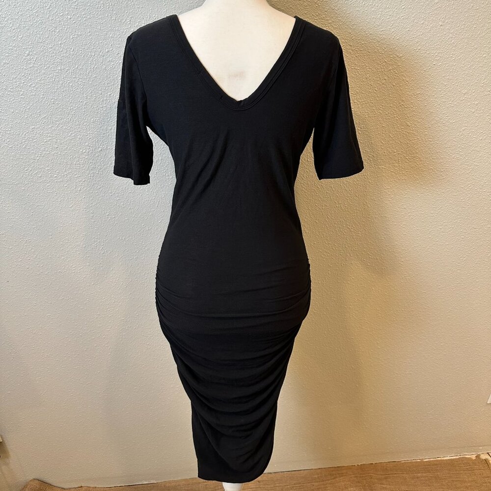 James Perse Standard Ruched V-Neck Jersey Dress - Black - Picture 2 of 11
